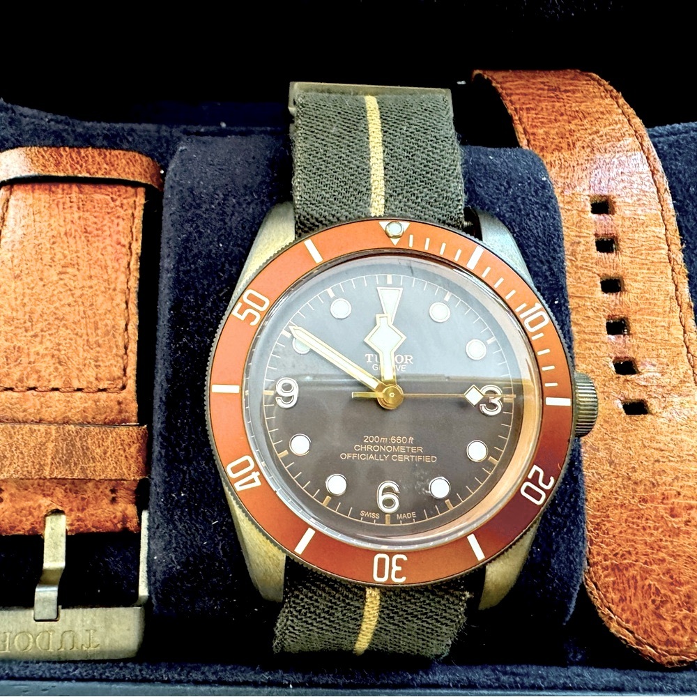 NEW Tudor Heritage Watch with Brown Leather Strap and NATO strap model 79250BM.